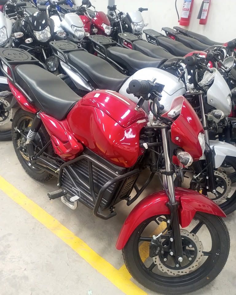Red road-ready electric motorcycle